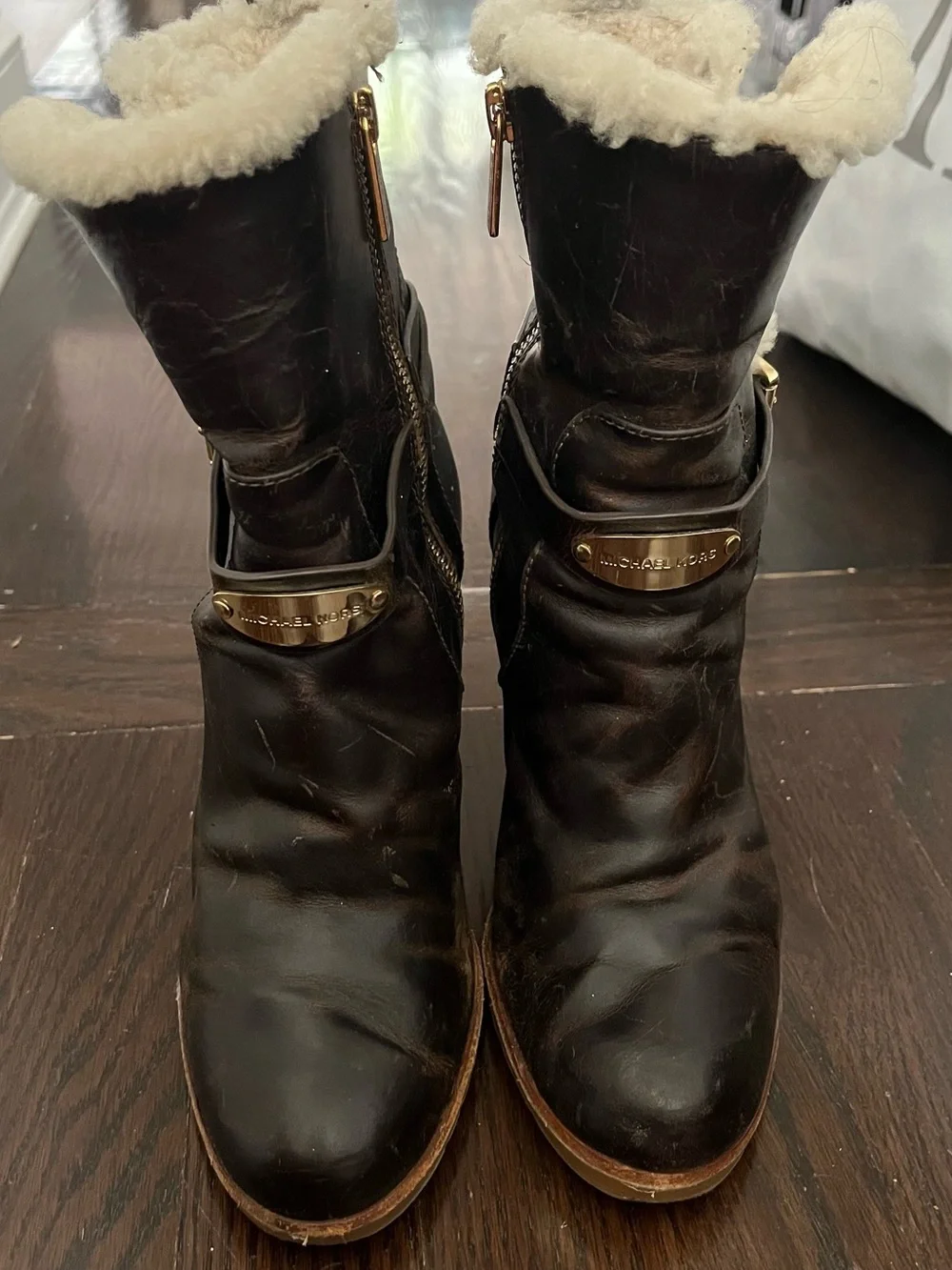 Michael Kors Dark Brown Leather Shearling-Trim Block Heel Ankle Boots